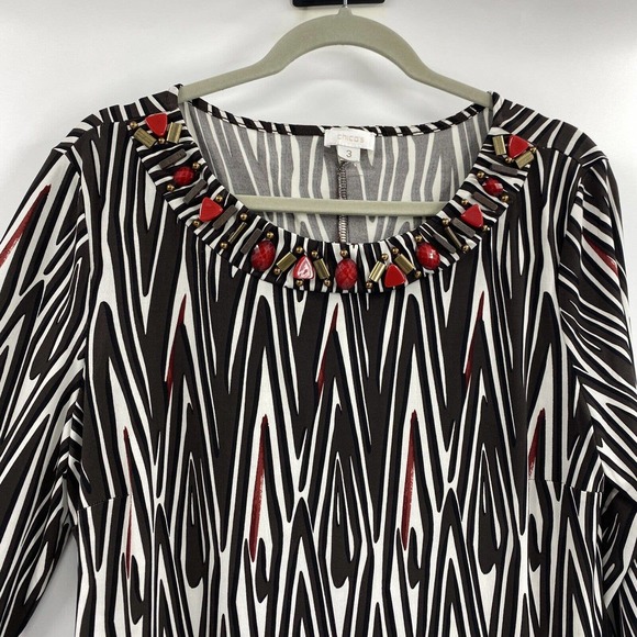 Chicos 3 Beaded Neck line Shift Dress Zebra Striped 3/4 Sleeve Size XL - Picture 2 of 13